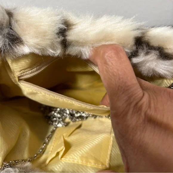 Adorable Faux Fur Mini Handbag Purse Asymmetrical Handle Silver Hardware Clean - Picture 10 of 15